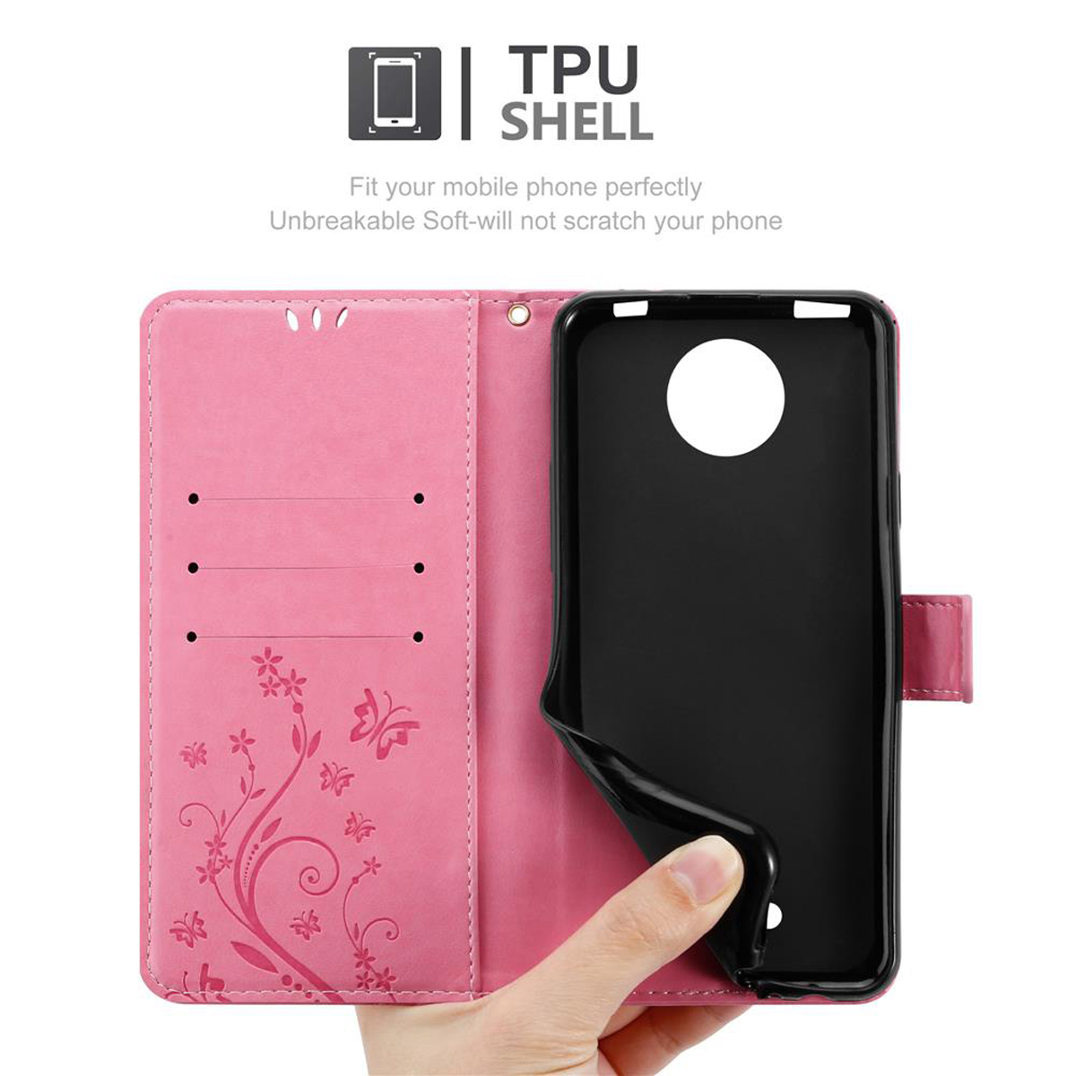 Custodia rosa per telefono aperta, che rivela una scocca nera e fessure per carte. La custodia ha un design floreale.