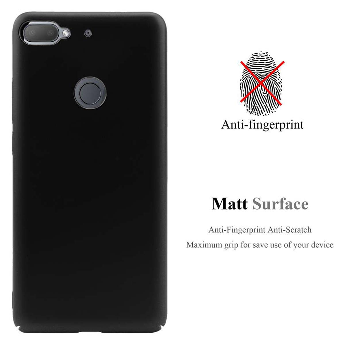 Schwarze Handyhülle, Anti-Fingerabdruck- und matte Oberflächentext, sowie ein Anti-Fingerabdruck-Symbol.