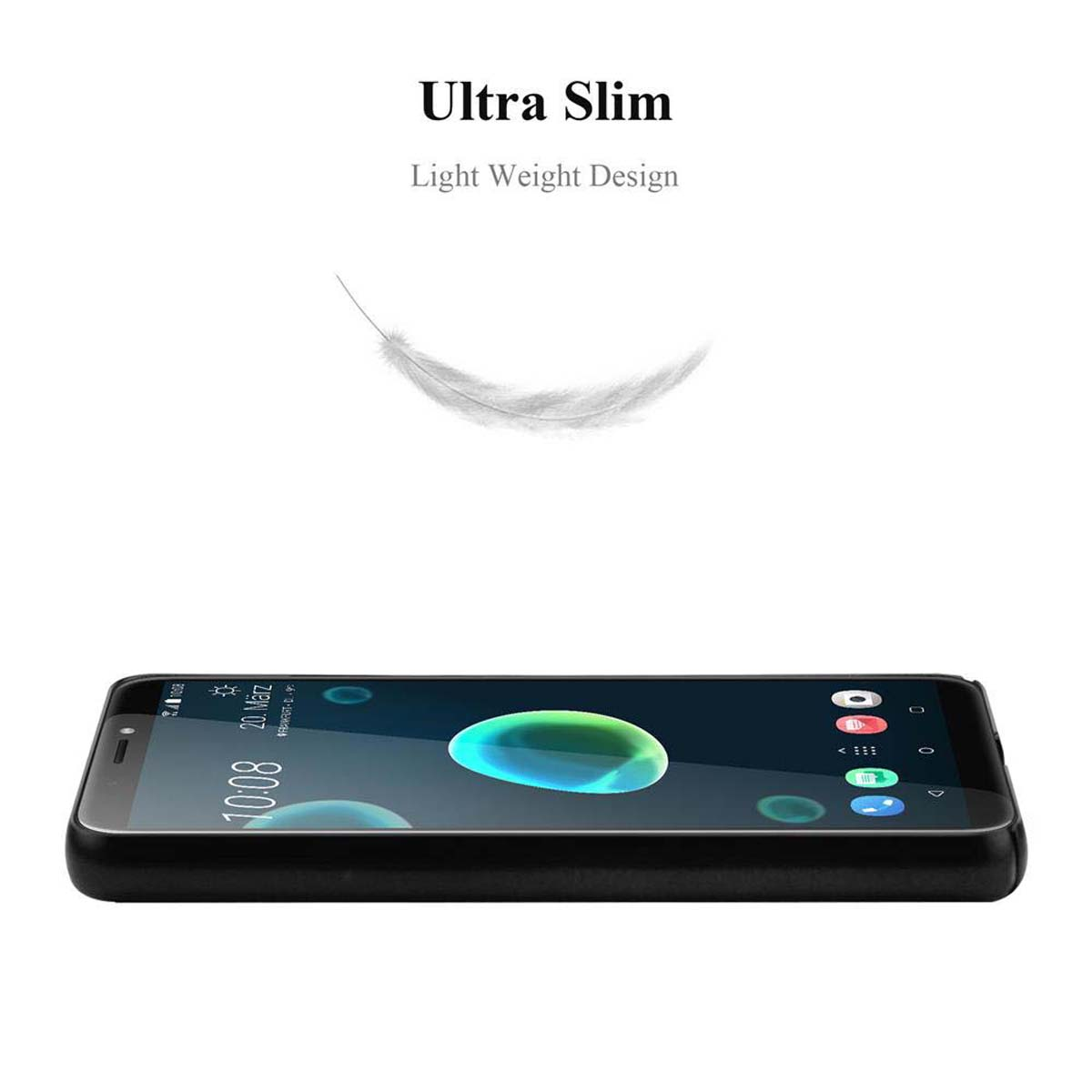Schwarzes Telefon in schwarzem Gehäuse. Eine Feder schwebt über dem Telefon. Text: Ultra Slim.