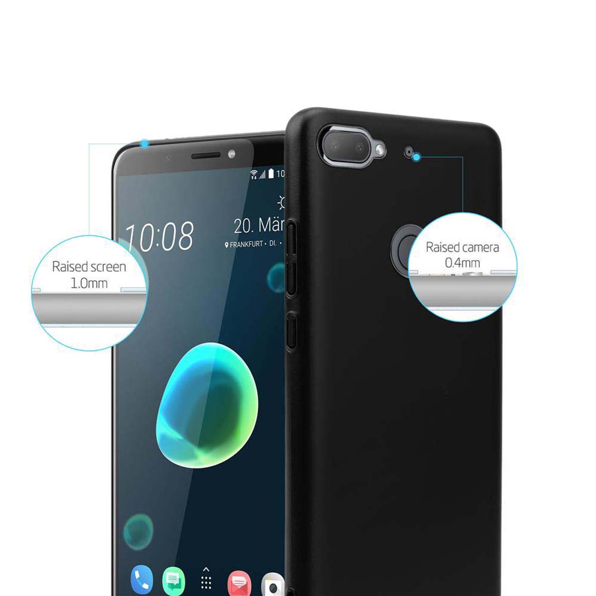 Schwarze Handyhülle mit einem Telefon. Erhöhter Bildschirm und Kameradetails.