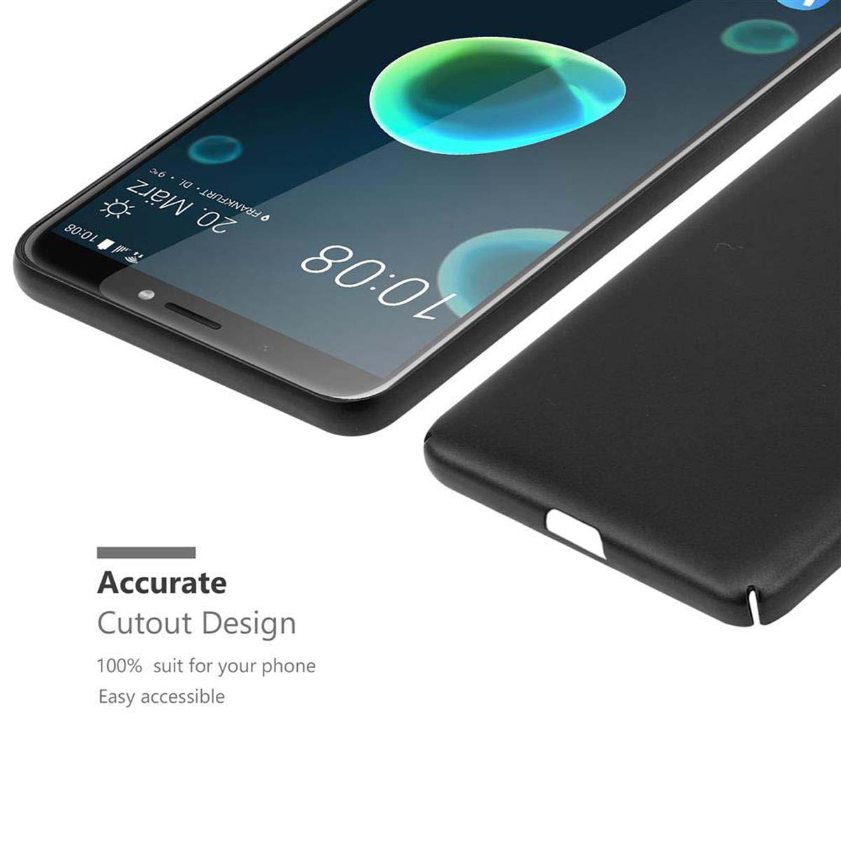Telefonbildschirm an, mit schwarzem Gehäuse. Text „Accurate Cutout Design“, 100 % passend.