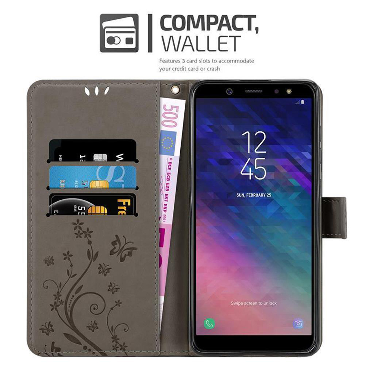 Eine Handyhülle mit Telefon und Karten. Sie hat ein braunes Blumendesign mit Kartenhalter.