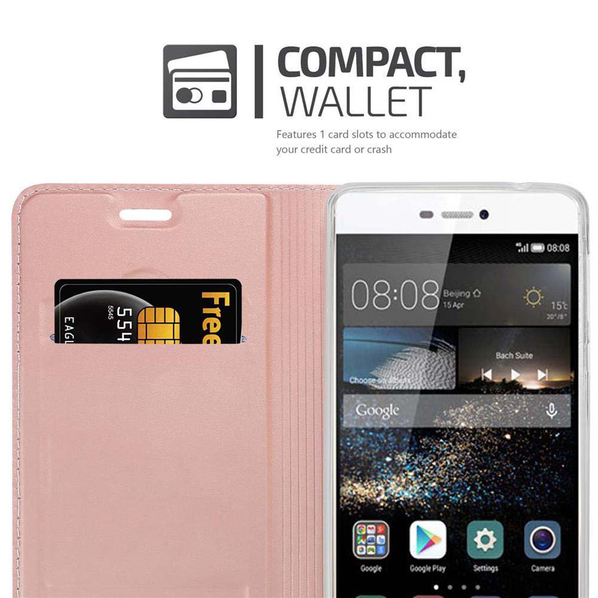 Eine rosa Handyhülle mit einem Telefon und einem Kartenfach. Das Telefon zeigt die Uhrzeit an.