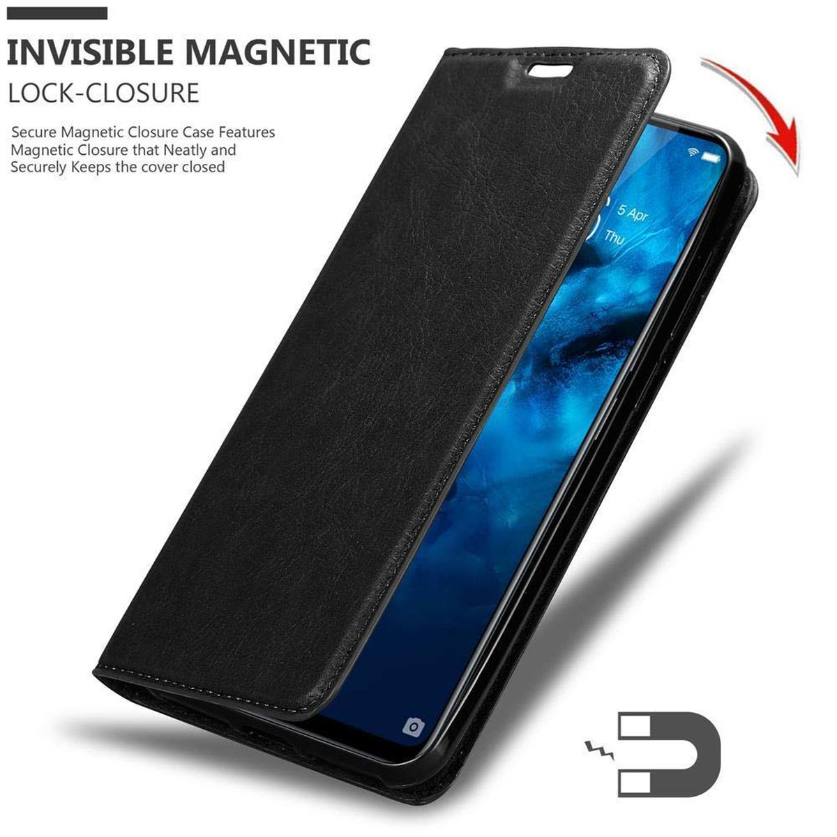 Custodia nera con patta aperta, che mostra lo schermo del telefono. Testo: Chiusura magnetica invisibile.