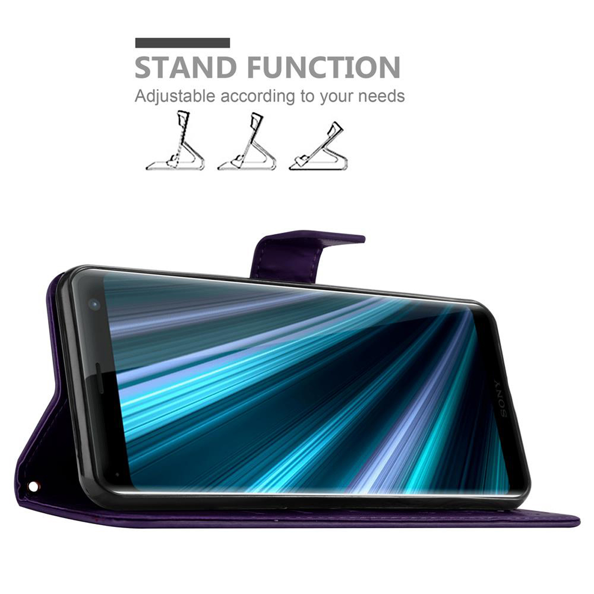 Custodia a portafoglio viola con telefono. Il telefono è in posizione aperta. Funzione supporto mostrata.