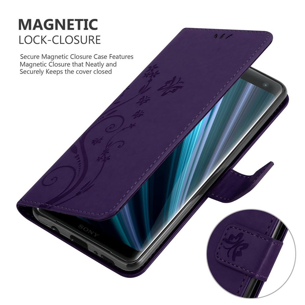 Custodia per telefono viola con design floreale, aperta per rivelare un telefono. Chiusura piccola e dettagliata nell'angolo.