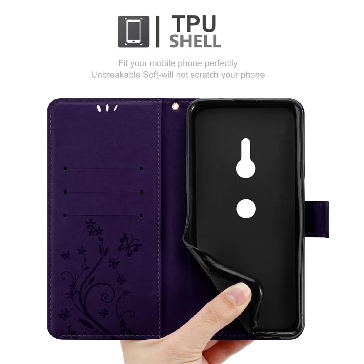 Custodia del telefono viola aperta, con supporto e fessure per carte.