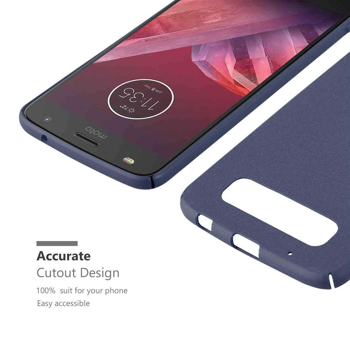 Telefono e custodia affiancati. Il telefono è blu e ha un display. Il testo dice 'Accurato design ritagliato'.