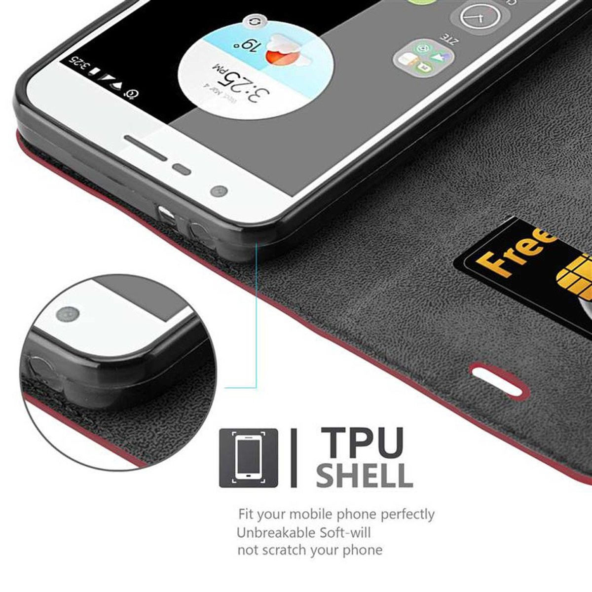 Schwarze Handyhülle mit Telefon. Das Telefon zeigt die Uhrzeit und hat ein Kartenfach.