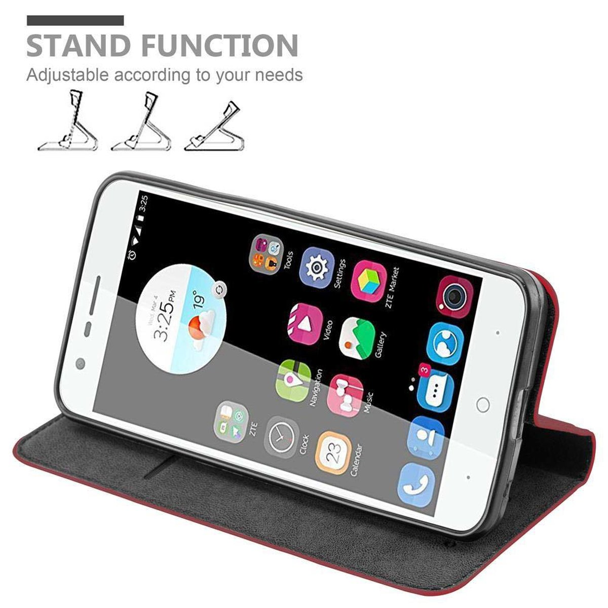 Telefon in roter und schwarzer Hülle, offen. Standfunktion Grafik. Telefonbildschirm zeigt App-Symbole.