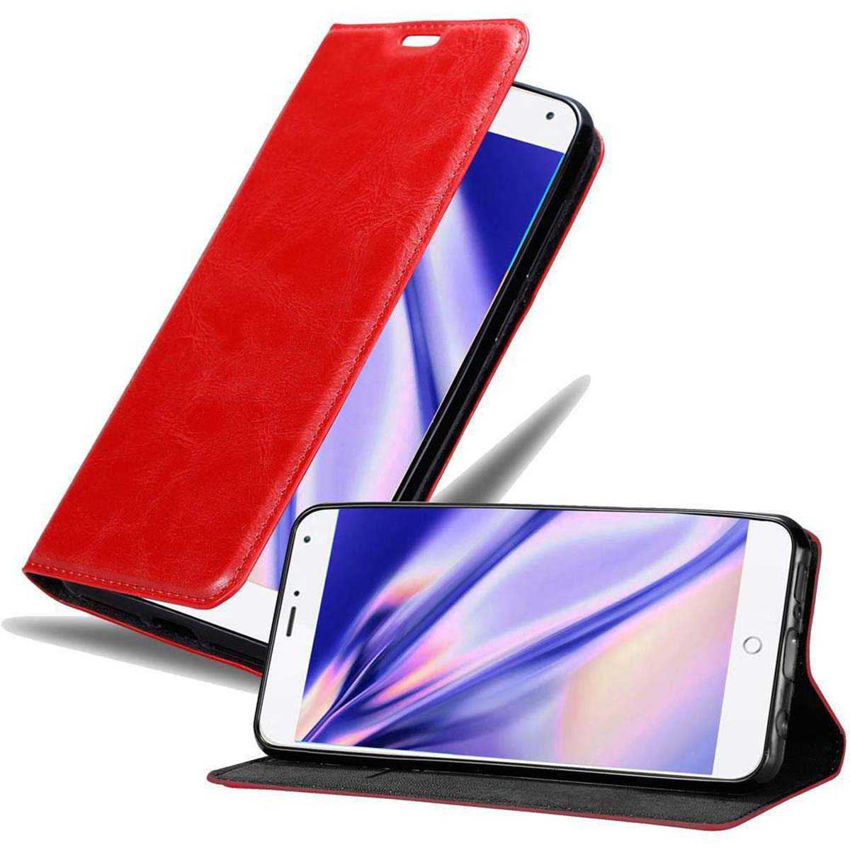 Funda roja para teléfono abierta, revelando la pantalla. Fondo blanco.