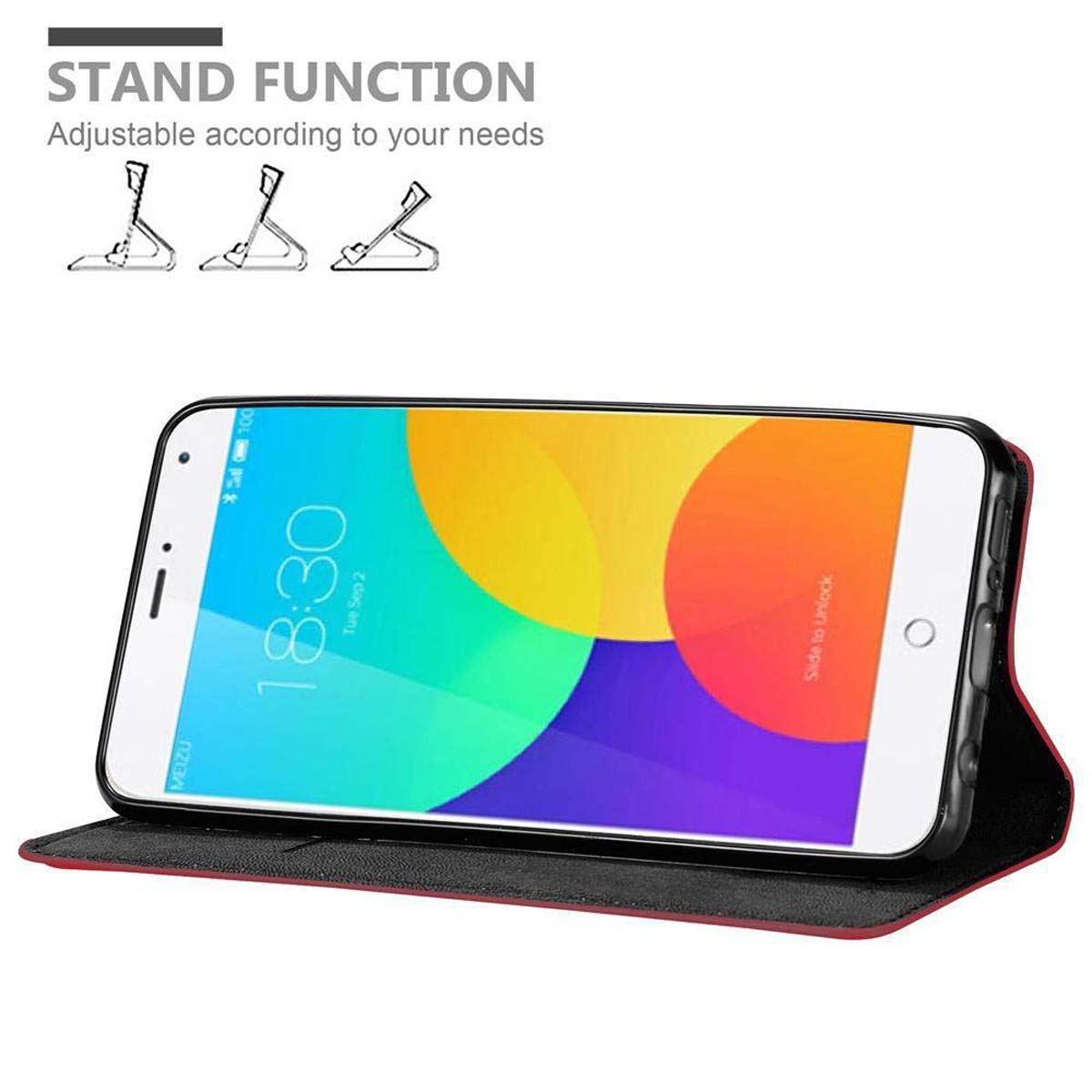 Teléfono en una funda roja, mostrando la hora. La funda se puede usar como soporte.