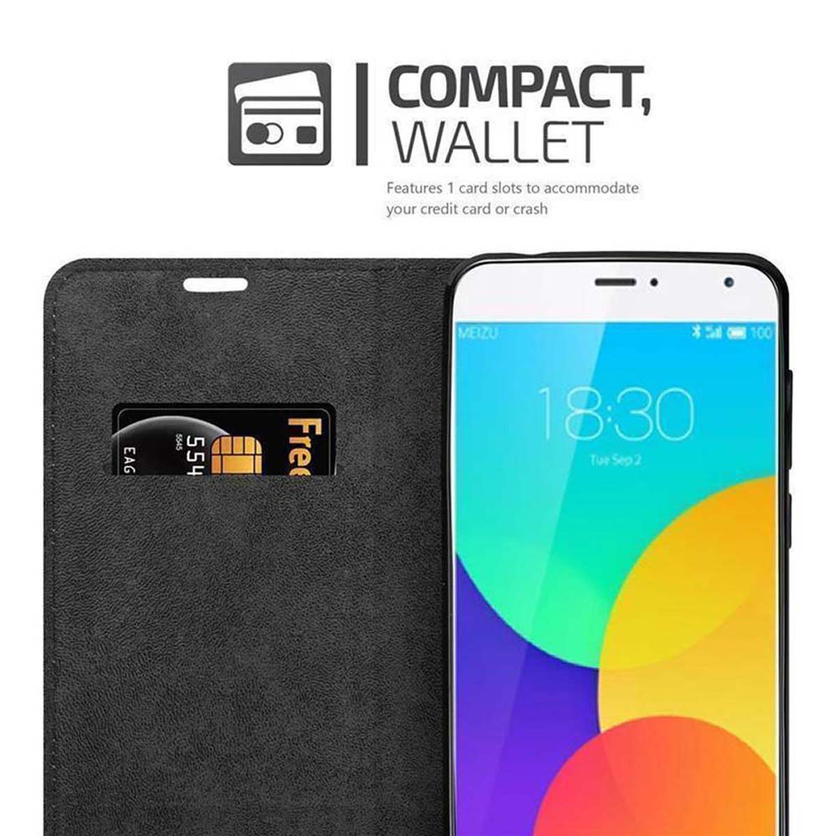 Funda negra abierta, mostrando el teléfono con una tarjeta. Texto: Cartera compacta.