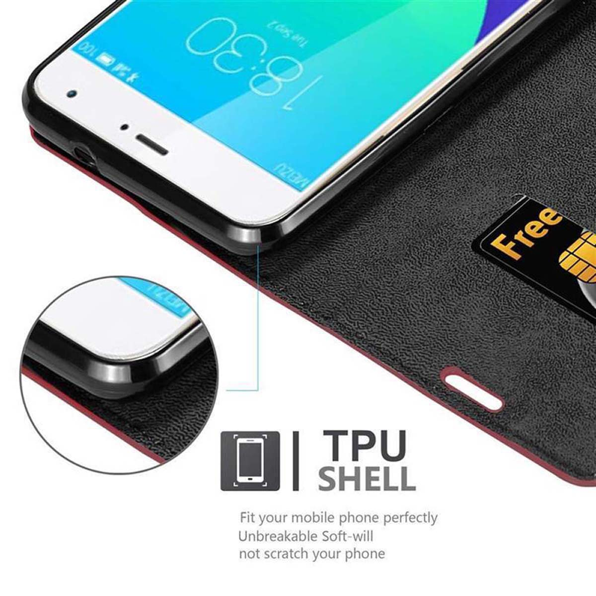 Se muestra una funda negra para teléfono con un teléfono dentro y una tarjeta. La pantalla es visible. La funda está abierta.
