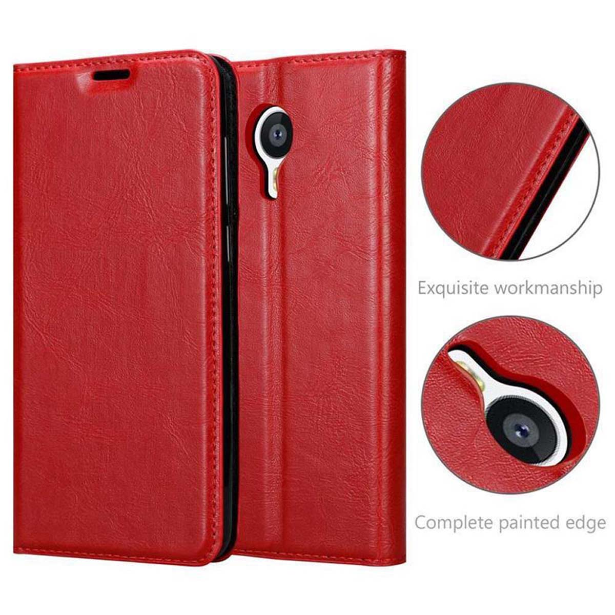 Funda de teléfono roja abierta. Primeros planos resaltan la artesanía y la cámara.
