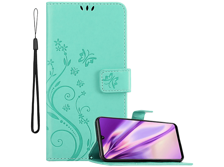 Muster Case, Samsung, 5G A42 FLORAL Hülle Bookcover, Flower M42 TÜRKIS / 5G, Blumen Galaxy CADORABO