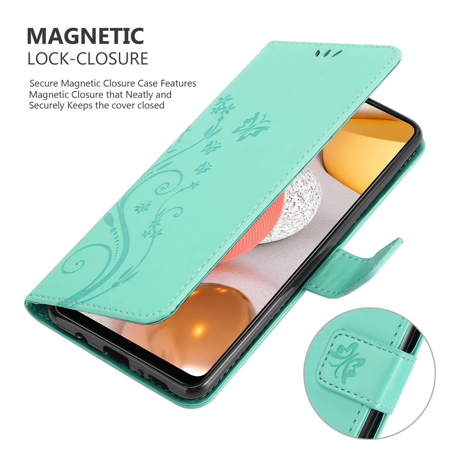Custodia per telefono verde acqua con un design floreale aperta per rivelare il telefono. Chiusura magnetica e telefono visibile.