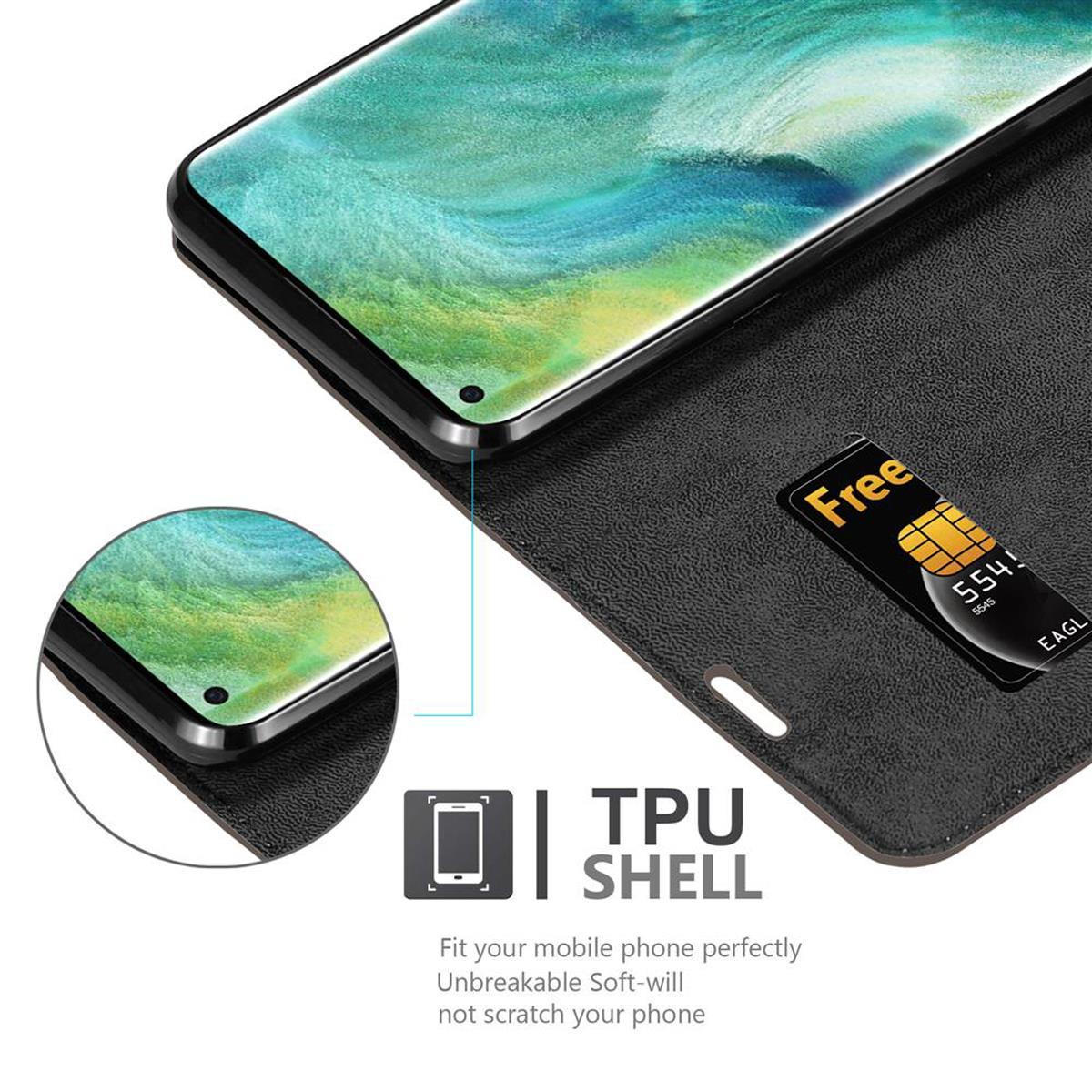 Telefono in una custodia nera. Mostra una SIM card gratuita e le caratteristiche della cover in TPU.