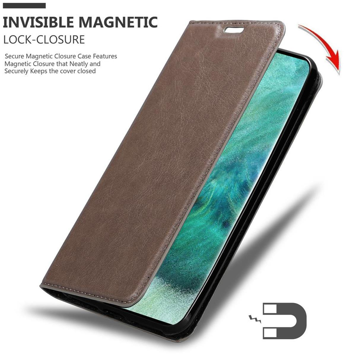 Custodia marrone per telefono, aperta, che mostra il telefono. La custodia ha una chiusura magnetica.