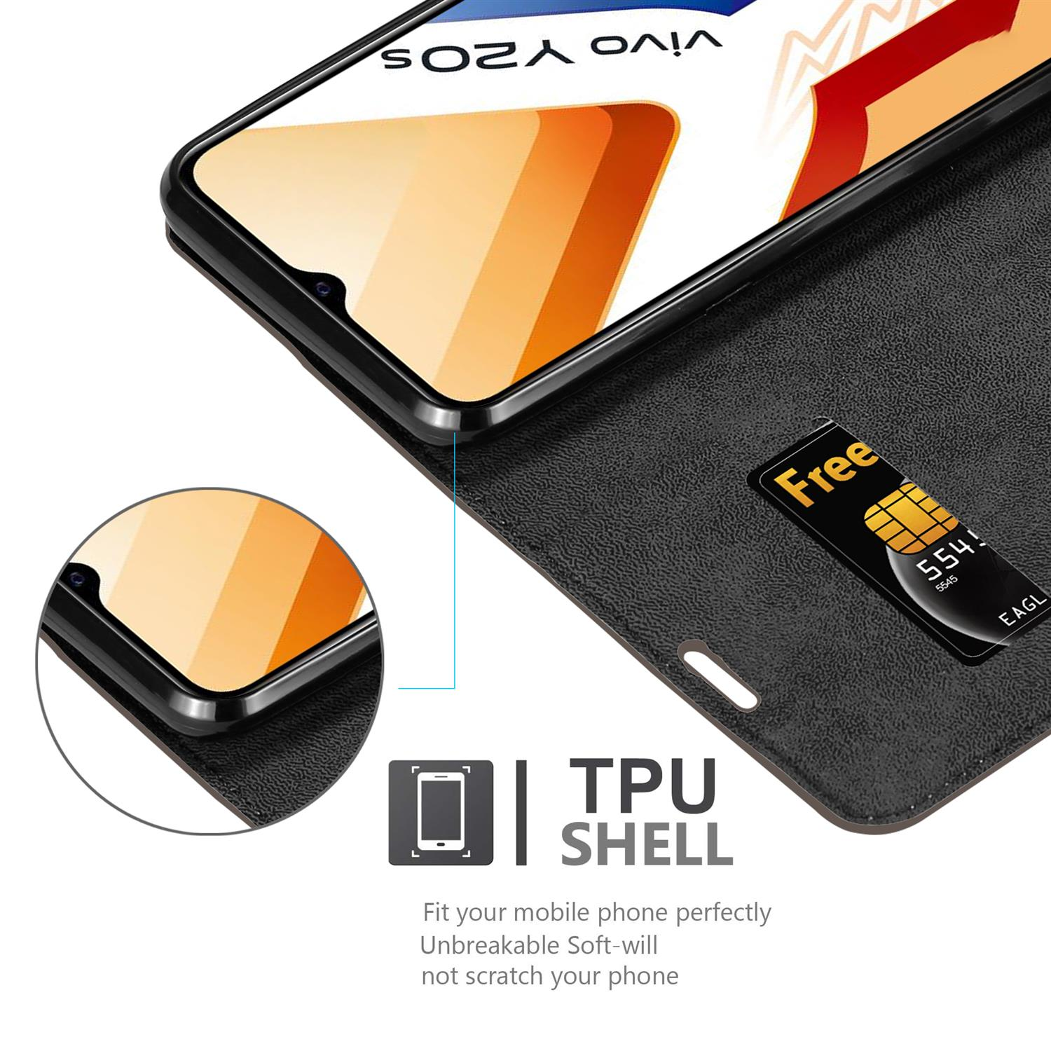 Un telefono nero all'interno di una custodia in TPU nera con una scheda SIM gratuita. Il telefono visualizza uno schermo.