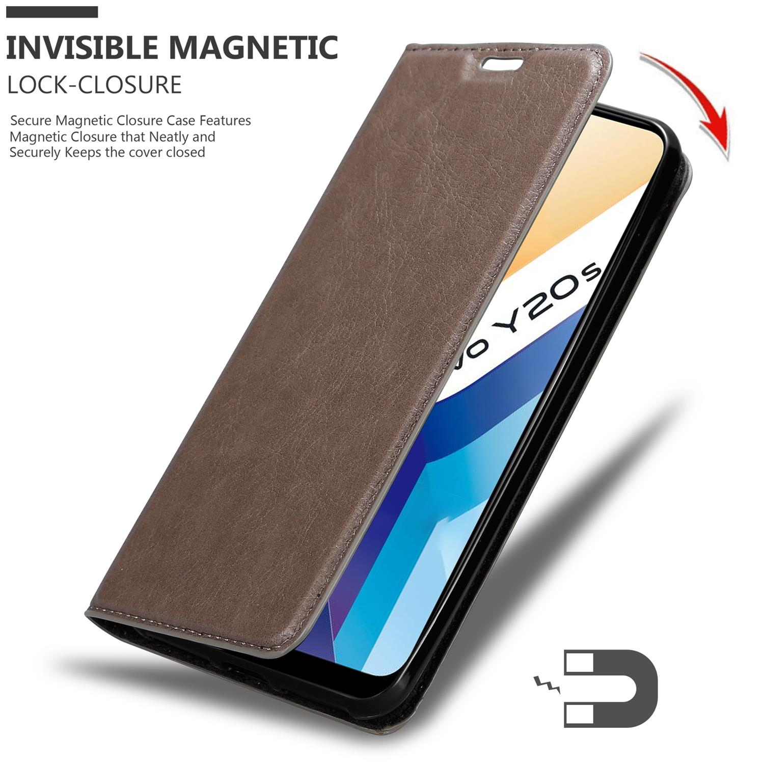Custodia per telefono marrone aperta. Il telefono è all'interno. Testo in alto: Chiusura magnetica invisibile. Simbolo del magnete.