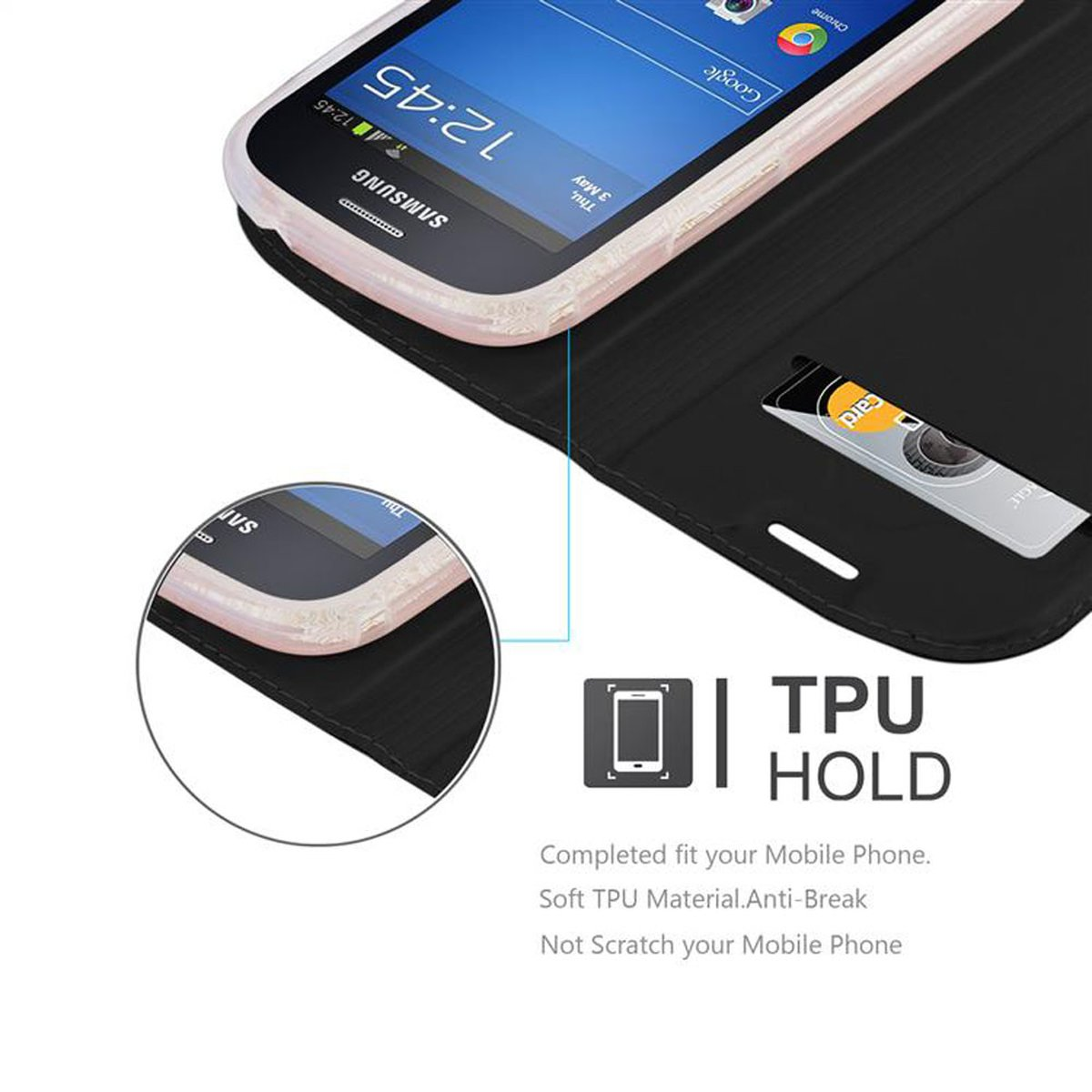 Custodia aperta, mostra telefono e carta. Testo: TPU HOLD.