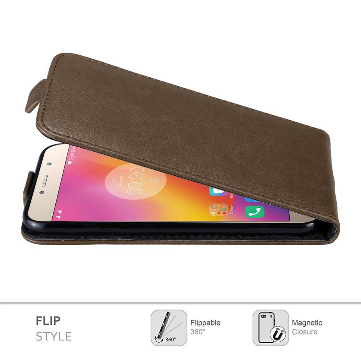 Braune Handyhülle mit Bildschirm. Text: Flip-Stil, umklappbar 360°, Magnetverschluss.