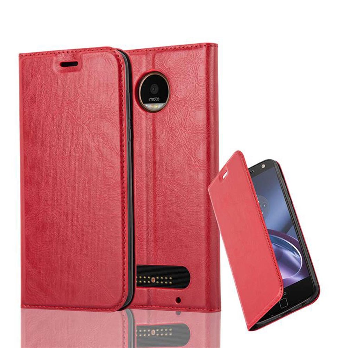 Funda roja para teléfono con un teléfono dentro, y otro teléfono abierto, todo sobre un fondo blanco.