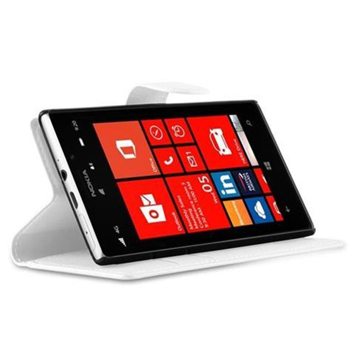 Telefono Nokia in custodia bianca, schermo che mostra una schermata iniziale con icone.
