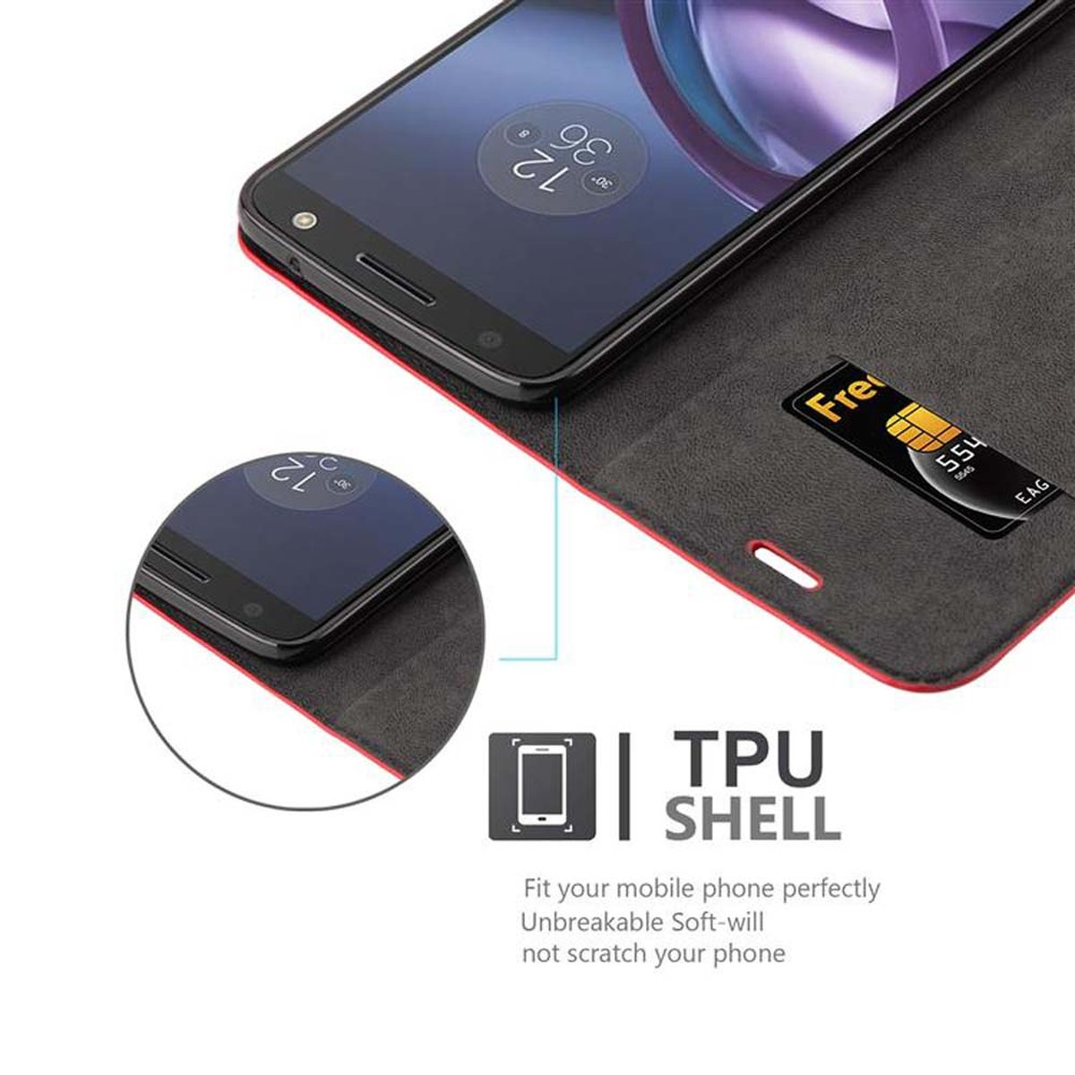 Teléfono negro en una funda, vista de cerca. El texto de la carcasa de TPU y una tarjeta son visibles.