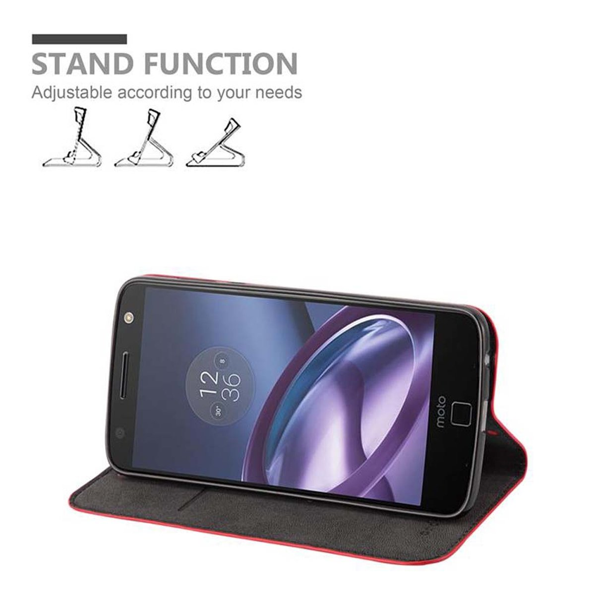 Teléfono negro en una funda negra y roja, abierto para mostrar la pantalla.