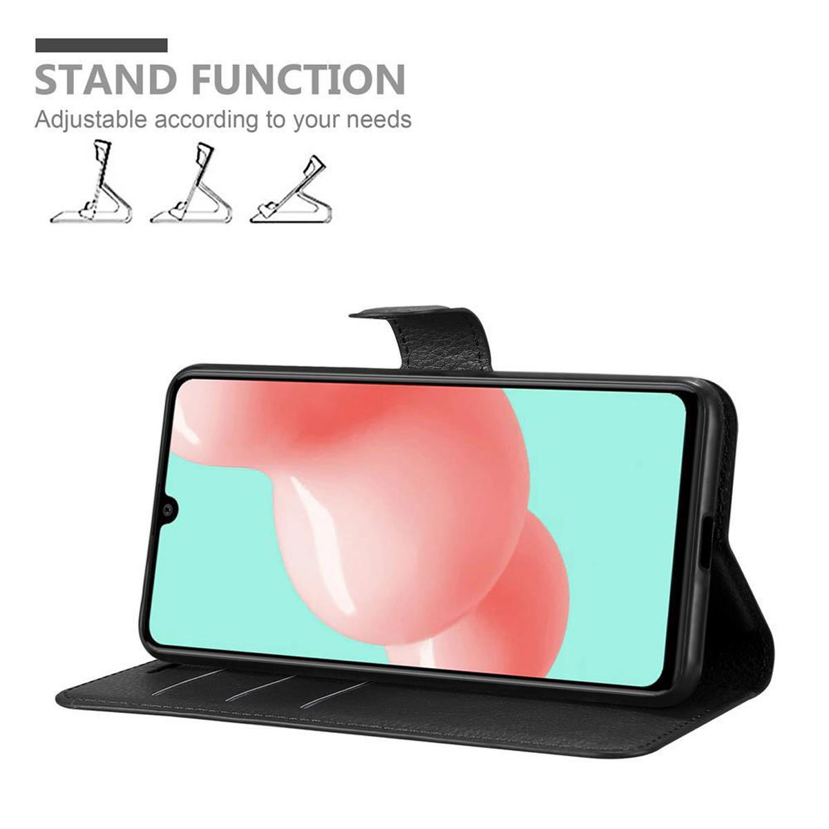 Schwarze Handyhülle mit Telefon, offen für Standfunktion. Einstellbare Ständeroptionen gezeigt.