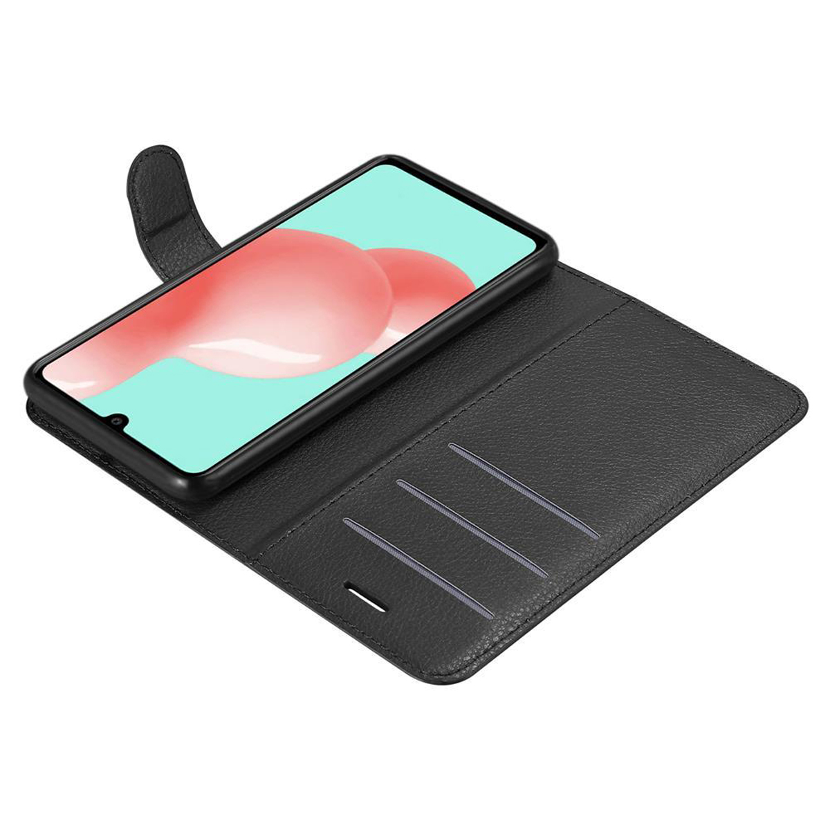 Schwarze Handyhülle mit Telefon darin. Das Telefon ist abgewinkelt. Die Hülle hat Kartenfächer.