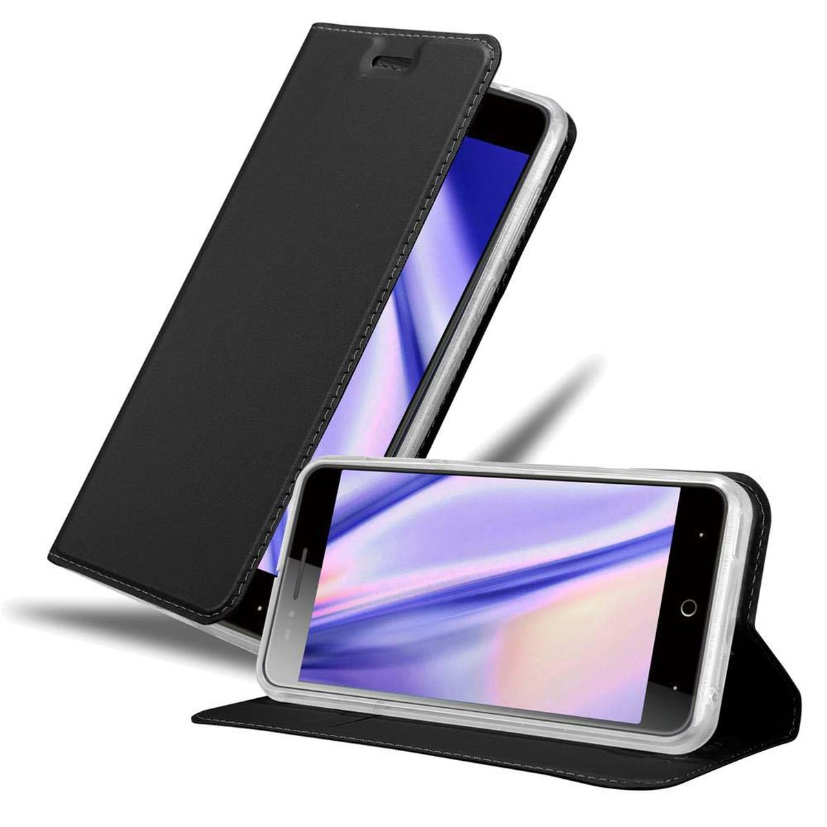 Funda de teléfono negra con teléfono dentro. Fondo blanco.