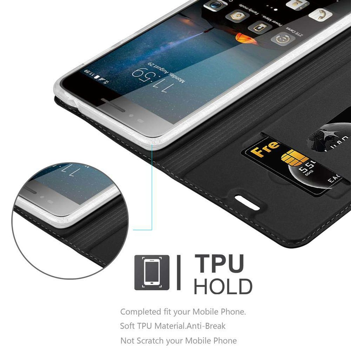 Funda de teléfono negra, abierta, sujetando un teléfono. La funda tiene una ranura para tarjetas. La pantalla muestra la hora.