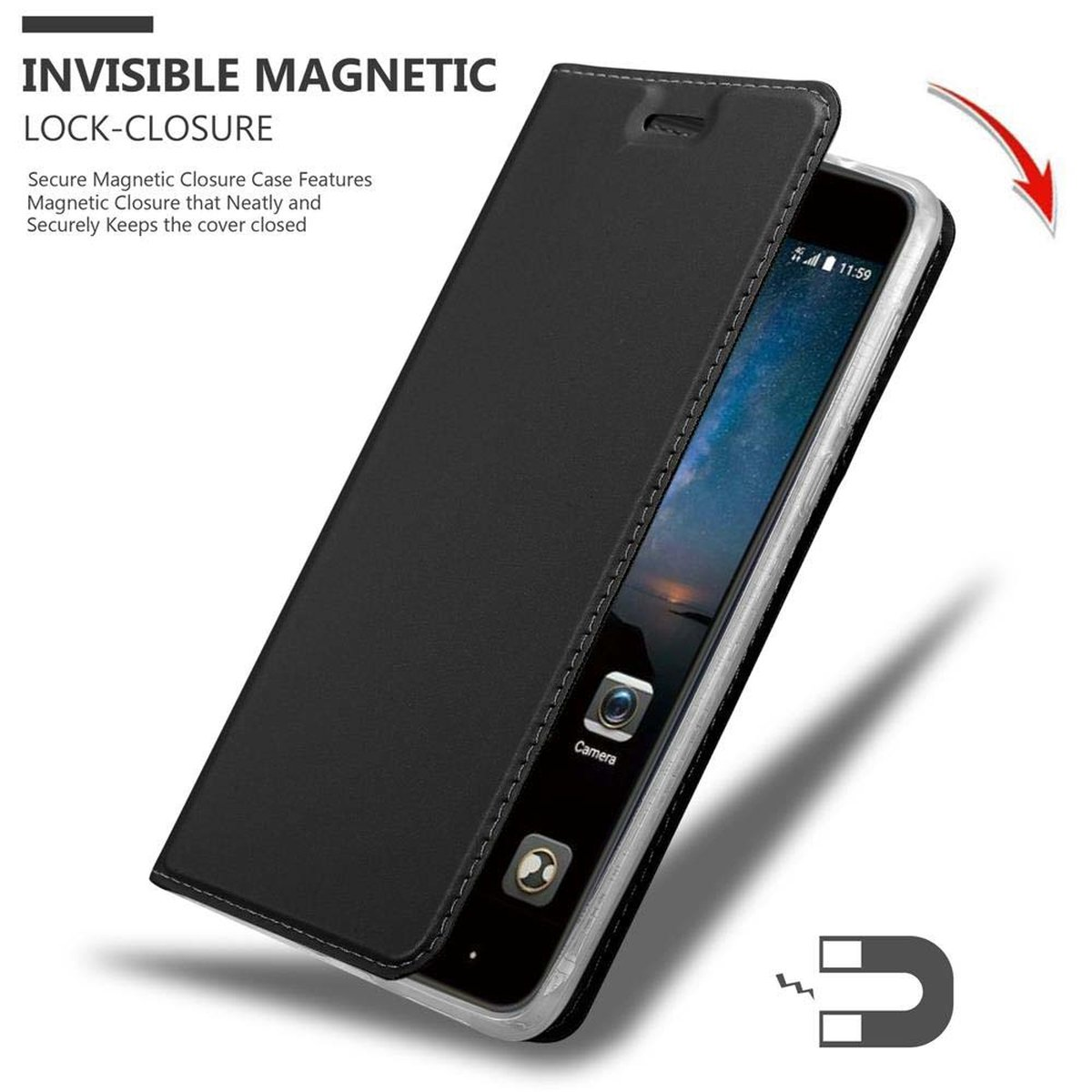 Funda negra para teléfono abierta, mostrando un teléfono. Texto: Cierre magnético invisible.