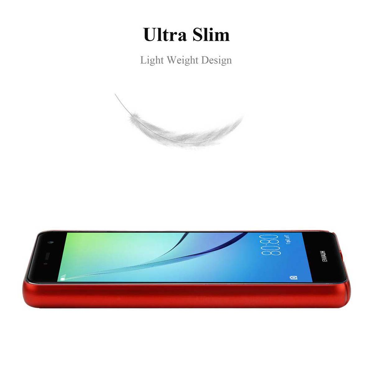 Rote Handyhülle, Telefon innen. Text: Ultra Slim, Light Weight Design. Weiße Feder.