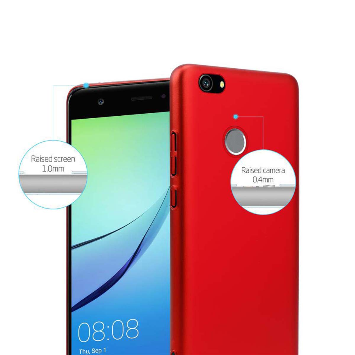 Eine rote Telefonhülle und ein Telefon. Die Hülle ist einfarbig rot mit erhöhter Kamera.