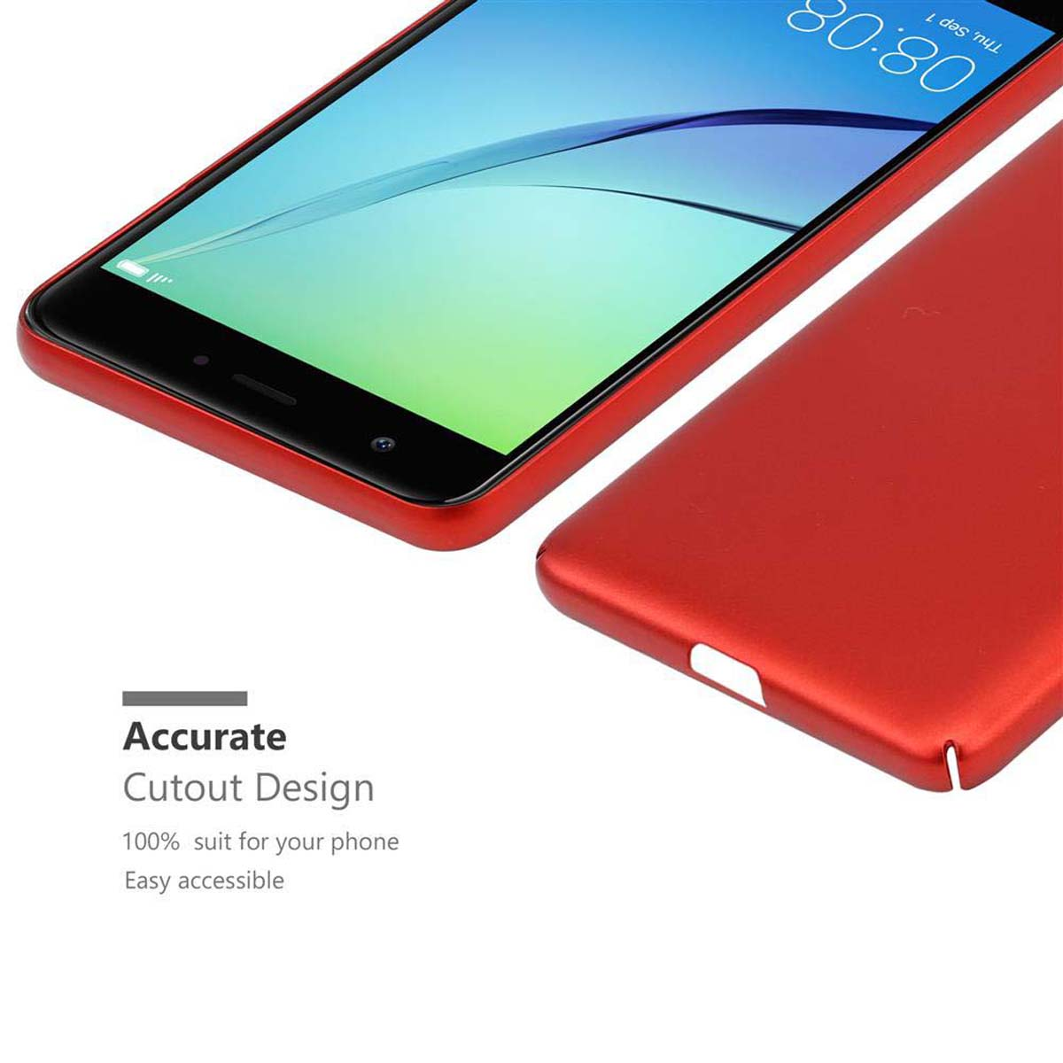 Rote Handyhülle und Telefon. Text zum präzisen Ausschnittdesign. Weißer Hintergrund. Leicht zugänglicher Text.