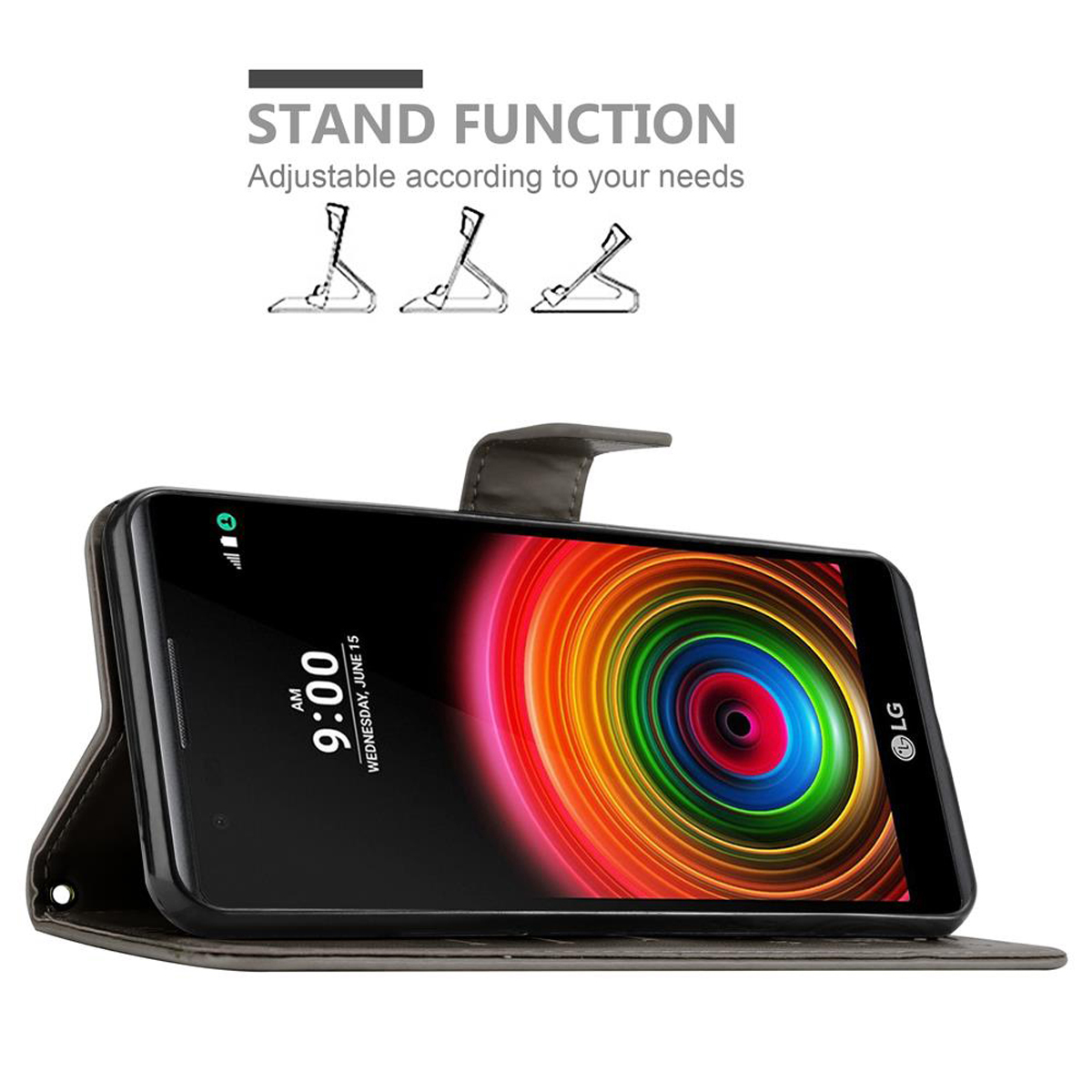 Telefono in custodia grigia, aperto. Lo schermo mostra un motivo circolare colorato. Testo: 'STAND FUNCTION'.