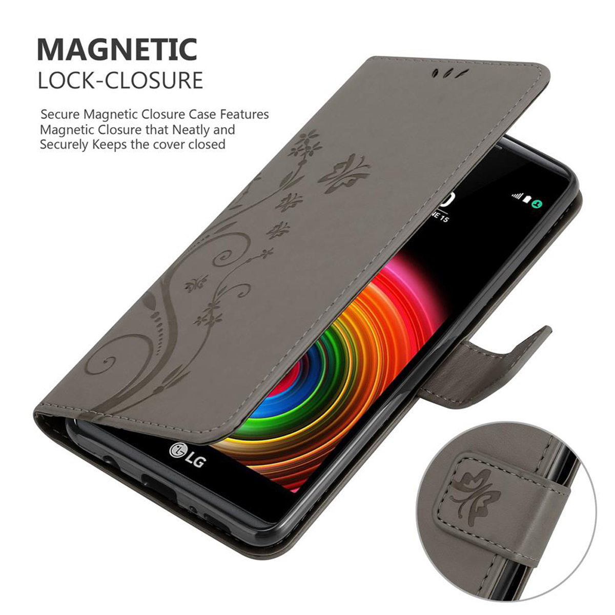 Custodia grigia aperta, rivela schermo telefono. Design floreale sulla cover, chiusura magnetica visibile.