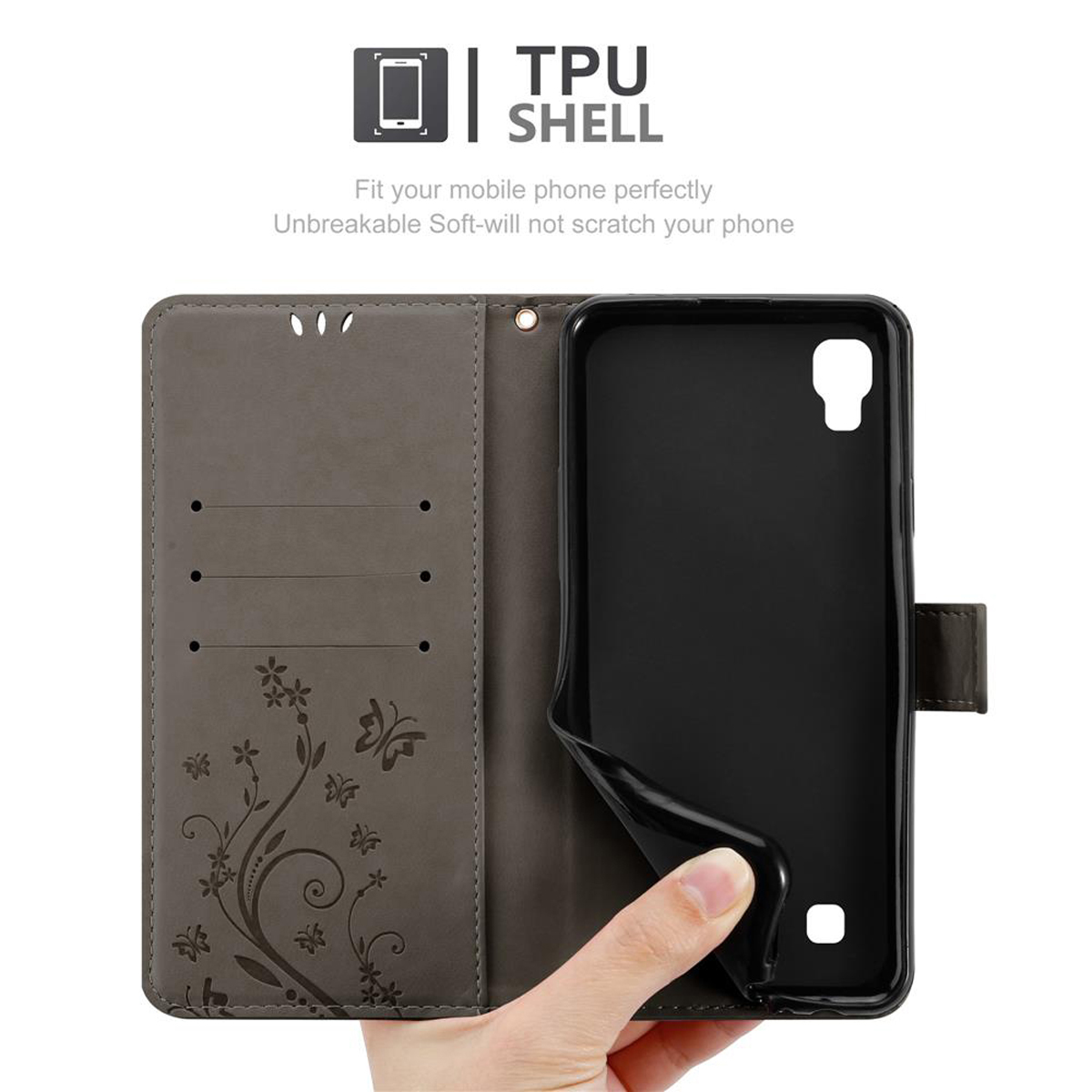Custodia grigia per telefono aperta, che rivela il telefono. Design floreale all'interno e una mano che lo tiene. Testo: Guscio in TPU.