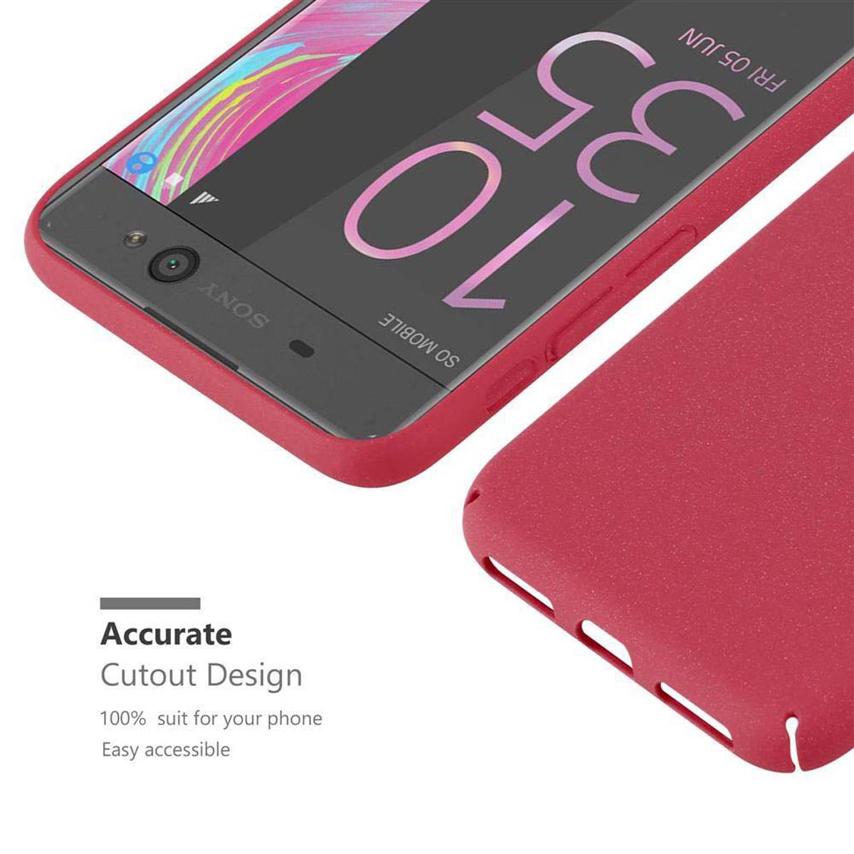 Rote Handyhülle, Telefon innen. Präzises Ausschnittdesign. Details der Handyhülle sichtbar.