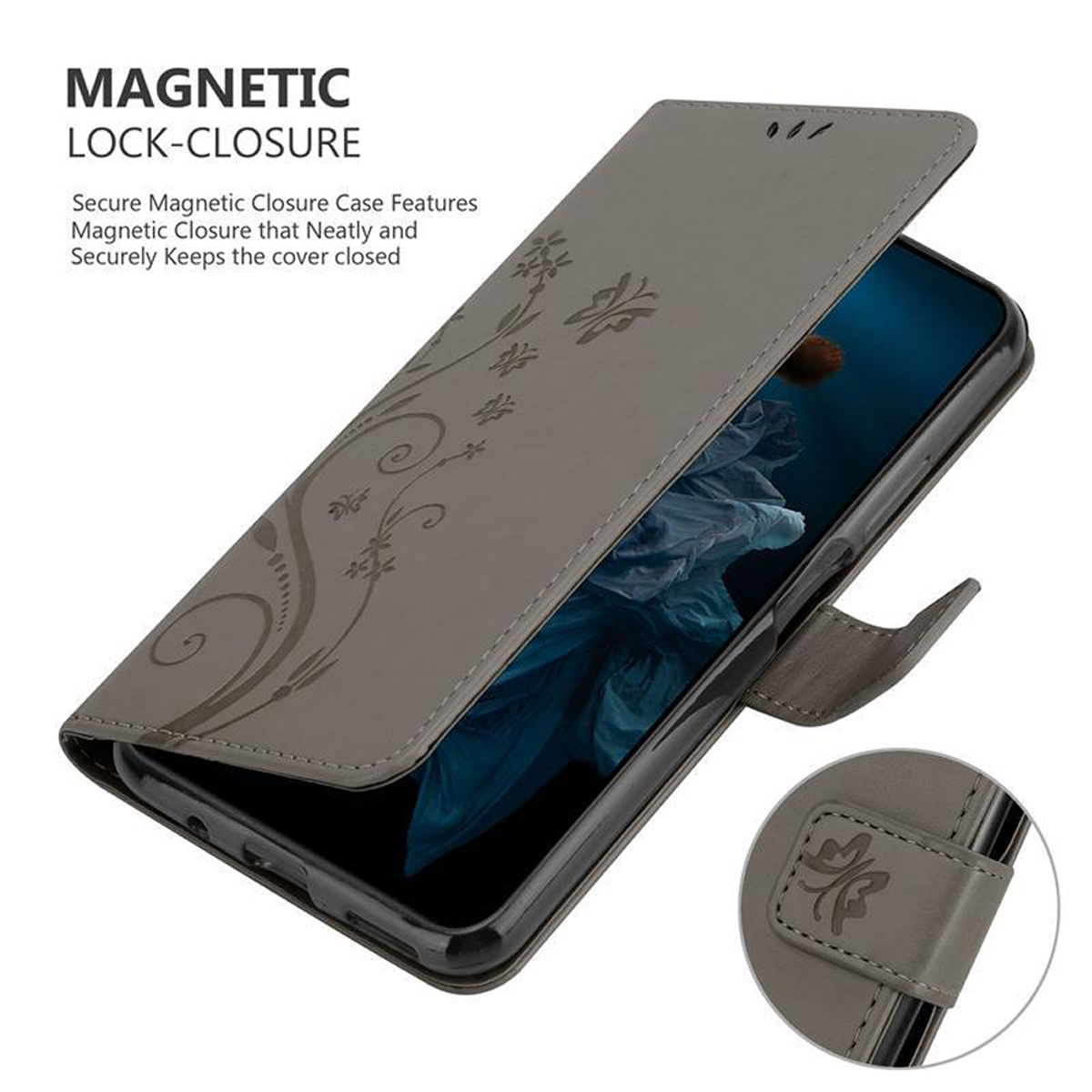 Custodia grigia per telefono con design floreale. La custodia è aperta, rivelando un telefono.