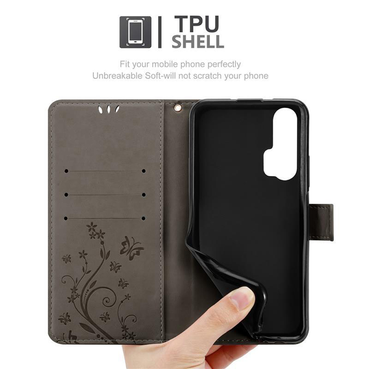 Custodia grigia, aperta, mostra una mano che tiene il telefono. Design floreale.