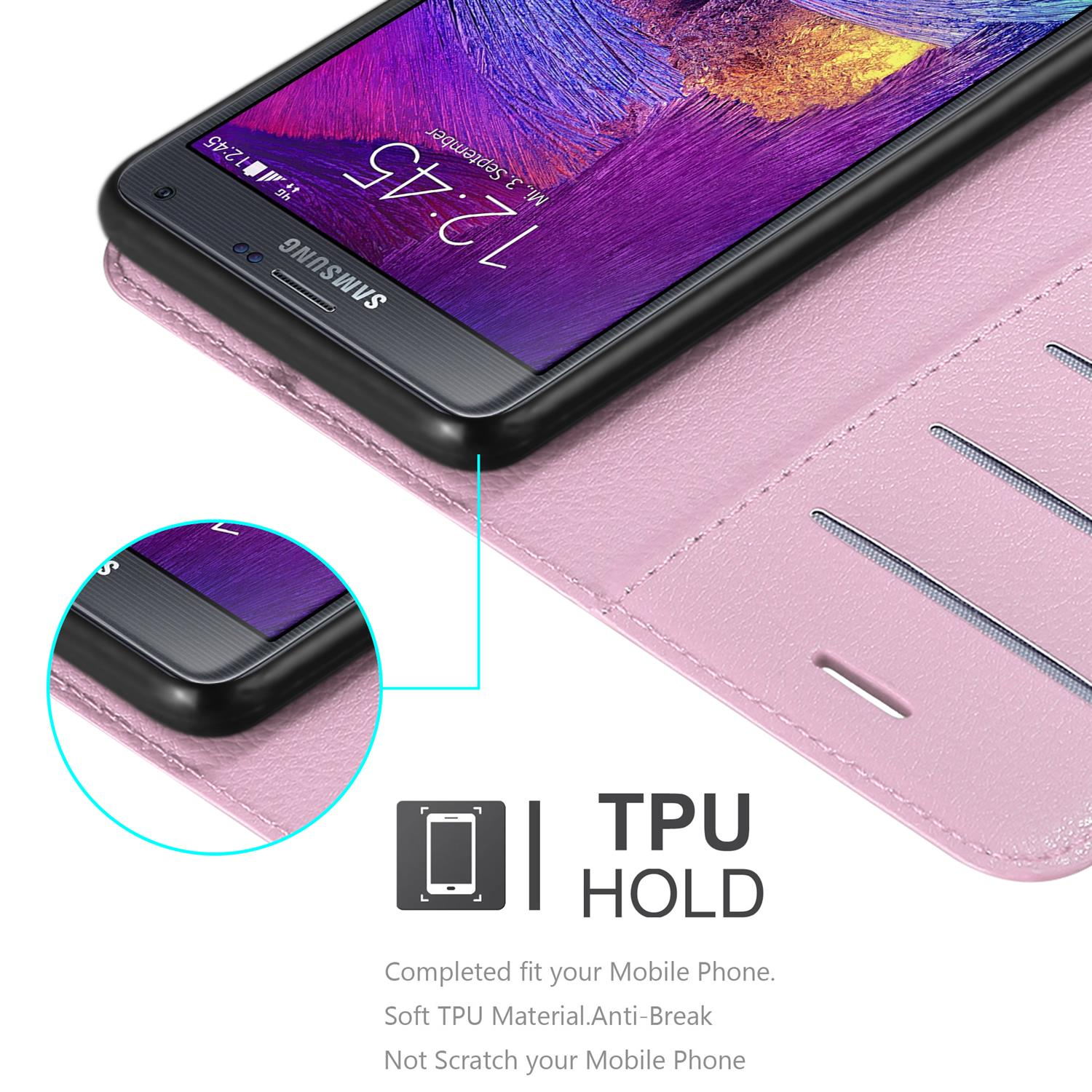 Geöffnete rosa Handyhülle mit Telefon innen. Zeigt Kantendetails, TPU-Halterung.