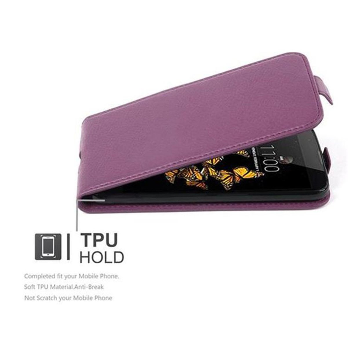Custodia viola con telefono dentro, aperta. Testo: TPU HOLD, vestibilità completa, materiale TPU morbido.