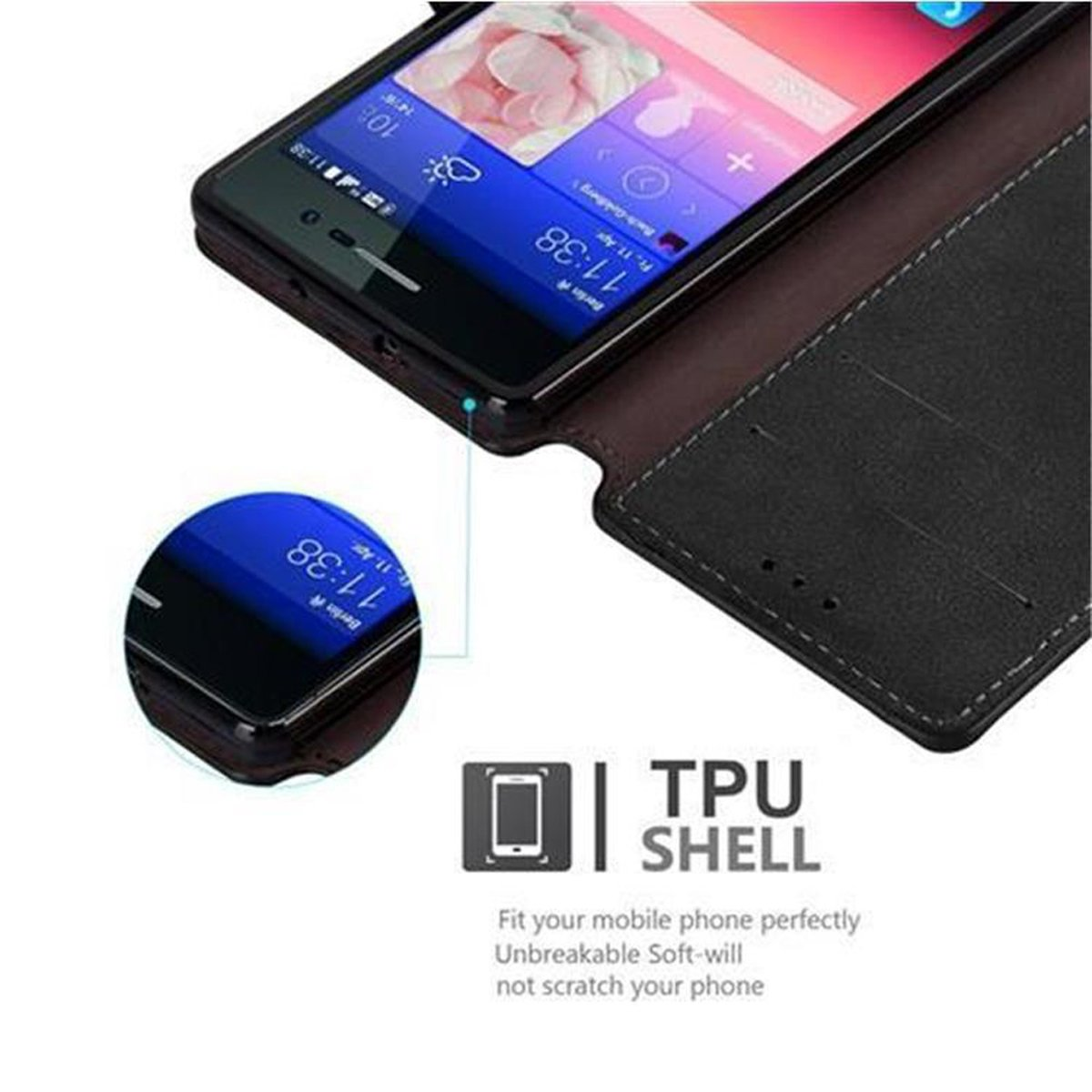 Telefono in una custodia, che mostra lo schermo. Testo: TPU SHELL. Sfondo bianco e nero.