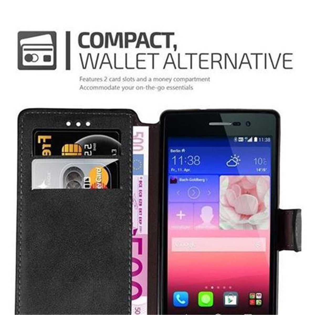 Custodia nera aperta con carte e denaro, su telefono con orologio, testo 'COMPACT, WALLET'.