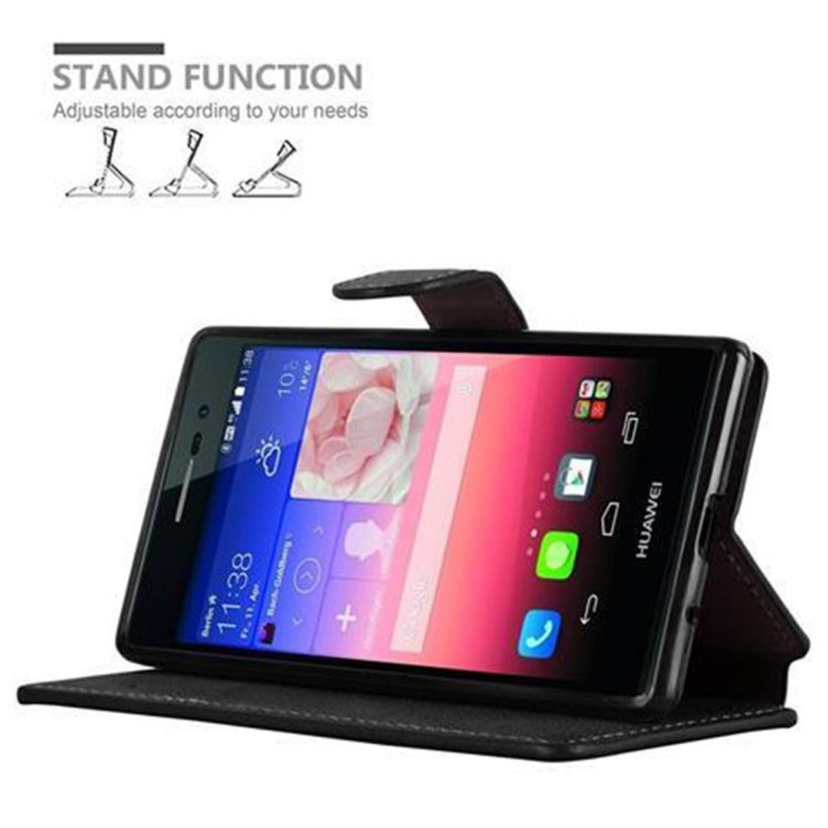 Telefono nero in custodia aperta, appoggiato. Lo schermo mostra le icone delle app e l'ora. Funzione supporto mostrata.